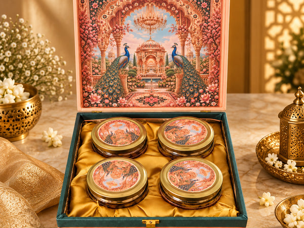 Peacock Heritage dry fruits gift box open with four sealed jars