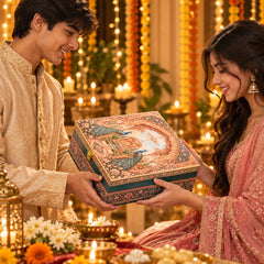 Peacock Heritage dry fruits gift box exchanged during a Diwali celebration