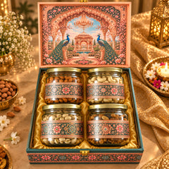 Peacock Heritage gift box open with almonds cashews pistachios and raisins jars