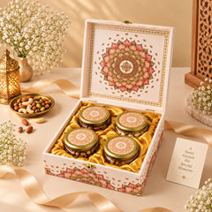 Lotus Heritage dry fruits gift box open with four jars and a gift card