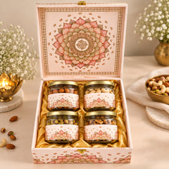 Lotus Heritage dry fruits gift box open with four glass jars
