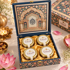 Royal Floral Arch dry fruits gift box open with four Tofaah Collective jars