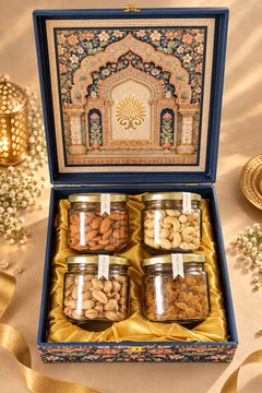 Royal Floral Arch gift box open with almonds cashews pistachios and raisins
