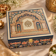 Royal Floral Arch premium dry fruits gift box closed navy floral lid